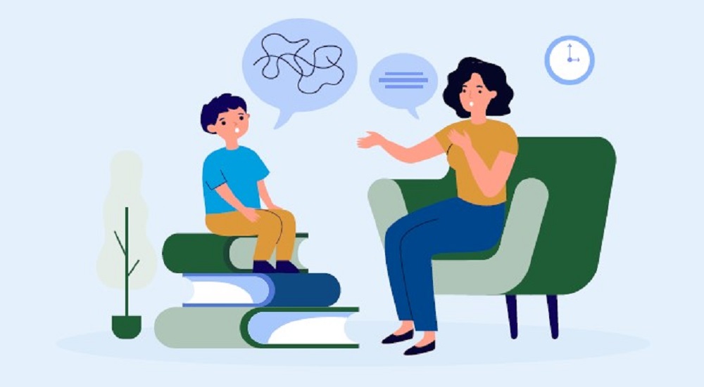 illustrated graphic of a child speaking to a therapist